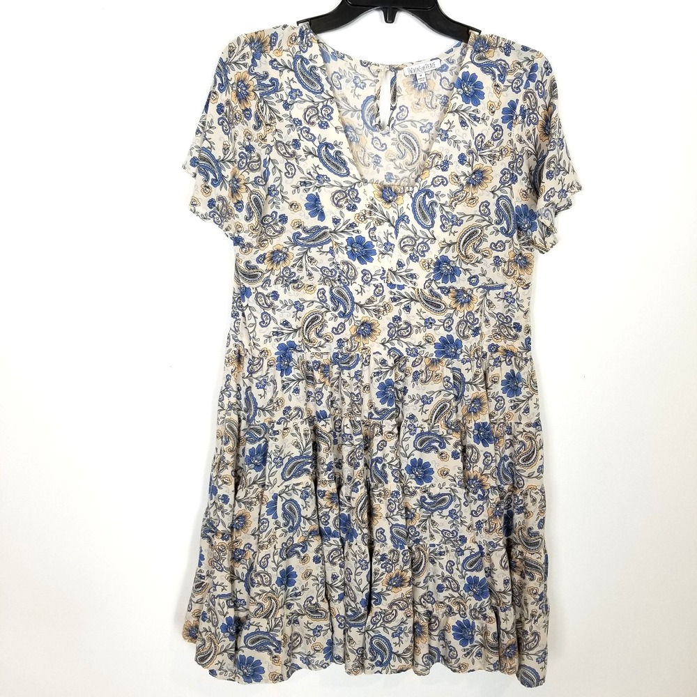 Patrons of Peace‎ Babydoll Dress Womens M Beige Blue Paisley Floral Summer Beach